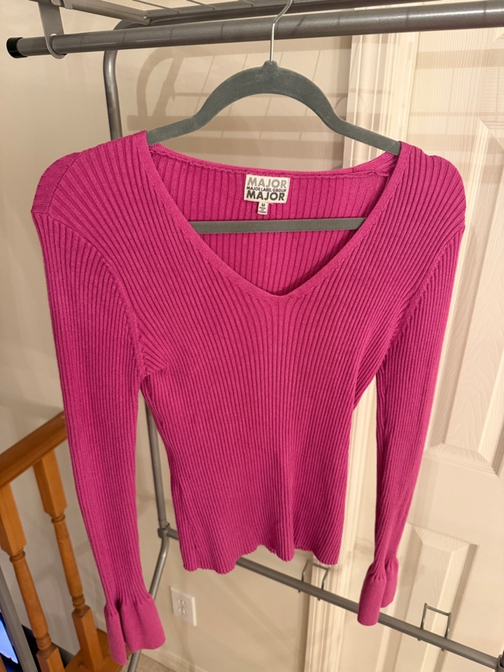 Fuchsia Ribbed V-Neck Long Sleeve Sweater